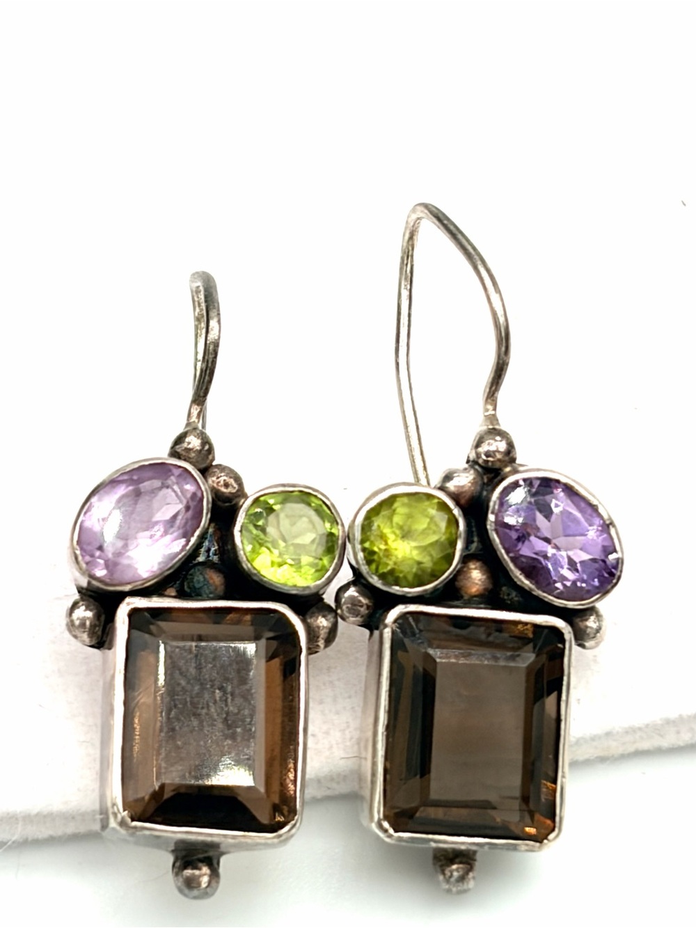Sterling Silver Multi-Gem Drop Earrings - Purple, Green, Brown